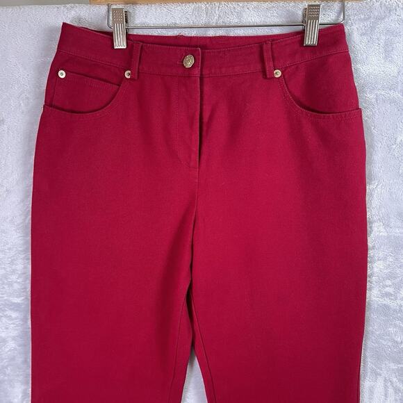 St. John Sport Red Denim Pants Jeans Size 4 Cotton Blend Holiday Straight Leg - Picture 2 of 16